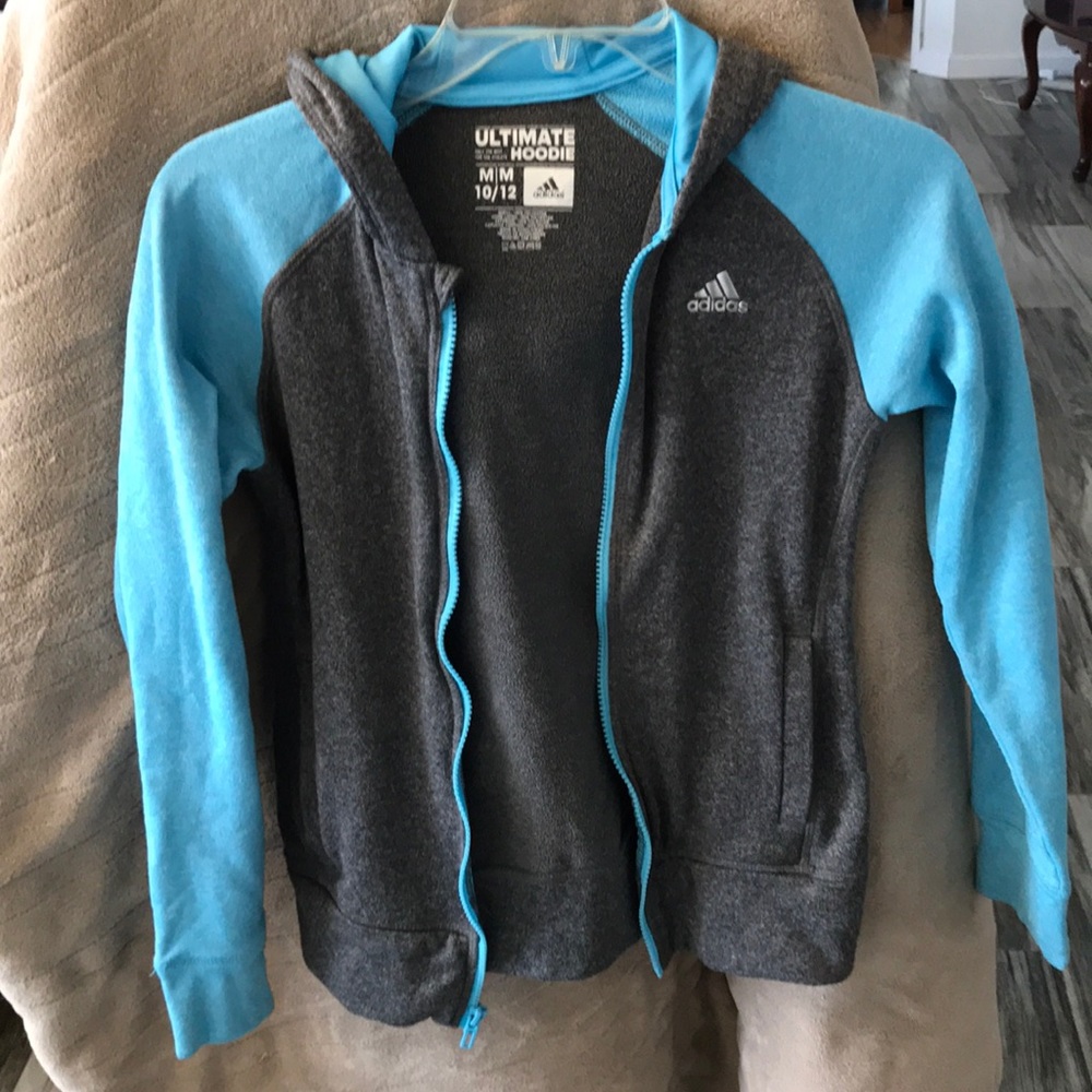 GIRLS ADIDAS ZIP UP HOODIE W/POCKETS TURQUOISE & GREY GIRLS MED EXCELLENT COND.